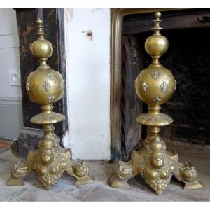 Pair Of Large Andirons With Royalist Marmosets, Louis XIV Style