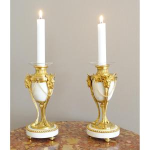 Pair Of Louis XVI Style Ormolu And Marble Candlesticks / Cassolettes, 19th Century