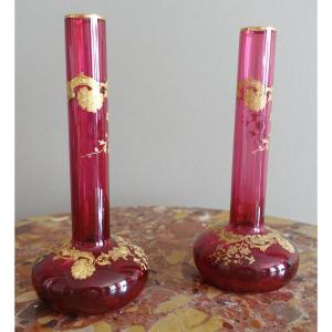 St Louis - Pair Of Pink Crystal Vases, Massenet Gold Model