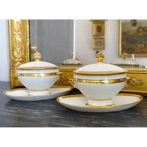 Pair Of Sauce Boats In Paris Porcelain Gilded With Fine Gold - Empire Period