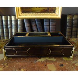   Large Napoleon III Inkwell In Louis XIV Style, Desk Set In Blackened Wood And Gilded Bronze
