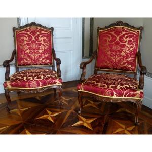 Pair Of Large Louis XIV Style State Armchairs In Finely Carved Walnut, Refurbished