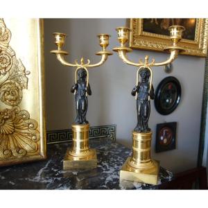 Pair Of Patinated And Ormolu Bronze Candelabras Circa 1800