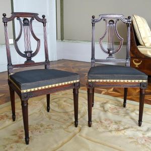 Compiègne - Furniture Of The Emperor, Pair Of Louis XVI Period Mahogany Lyre Chairs By Deshayes