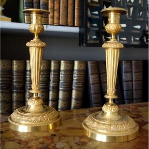 Pair Of Louis XVI Style Candlesticks, Finely Chased And Mercury-gilded Bronze - Galle /ravrio
