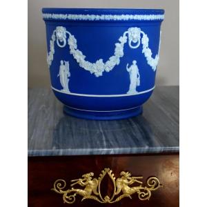 Wedgwood: Large Neoclassical Cachepot/centerpiece In Dark Blue Biscuit Porcelain