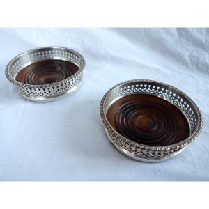 Pair Of Silver-plated Metal And Mahogany Bottle Coasters, Early 19th Century