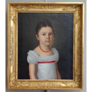 French School, Early 19th Century, Portrait Of A Little Girl With A Coral Necklace - Empire Period