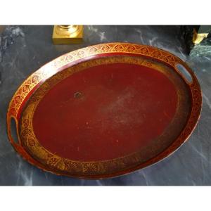 Large Empire Period Serving Tray In Red And Gold Lacquered Sheet Metal