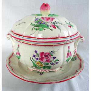 Lunéville - Soup Tureen And Stand In Polychrome Earthenware With Streetlamp Decoration - Signed