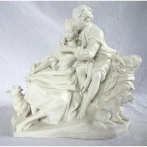 Sèvres: 18th-century Gallant Scene - The Flute Lesson, Biscuit Porcelain Group - Signed
