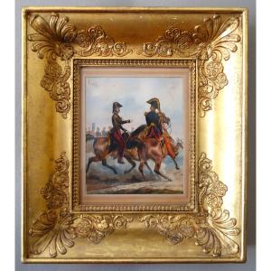 Period Gouache Engraving From The Restoration Era - Senior Officers On Horseback - Beautiful Giltwood Frame