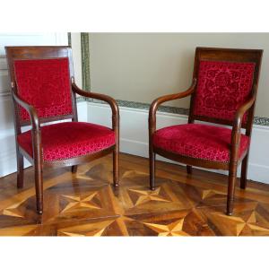 Pair Of Empire Period Mahogany Armchairs - Embossed Velvet From The Bonvallet Factory