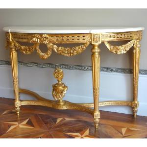 Important Louis XVI Period Half-moon Console Table In Carved And Gilded Wood, 145cm