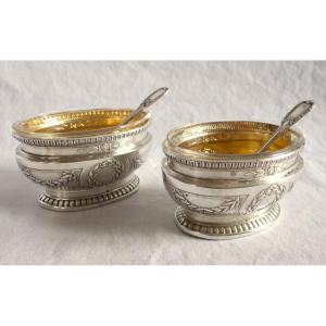 Puiforcat : Pair Of Empire Style Sterling Silver And Vermeil Salt Cellars