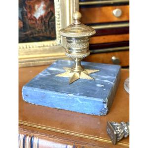 Empire Inkwell In Gilt Bronze And Blue Turquin Marble