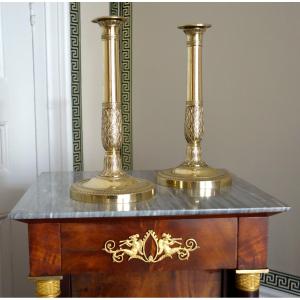 Pair Of Empire Bronze Candlesticks, Restoration Period - Early 19th Century - 28cm