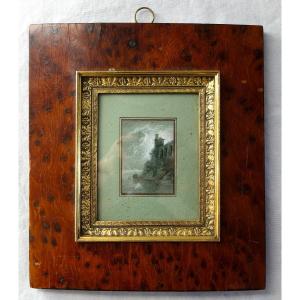 Miniature Painting - Italian Landscape In Grisaille - Gouache, Early 19th Century