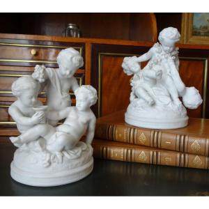 Pair Of Cookie Groups: Playing Putti - Louis XVI Style 19th Century