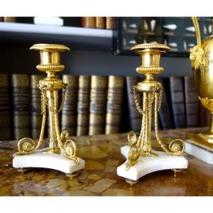 Pair Of Tripod Candlesticks In Gilt Bronze And Marble, Louis XVI Style