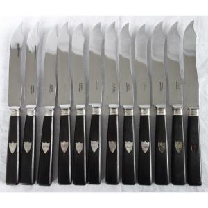 Couronne De Comte - Set Of 12 Ebony And Solid Silver Table Knives - Circa 1830