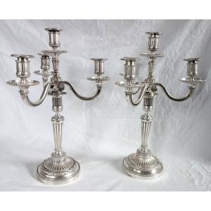 Pair Of Large Louis XVI Style 4-light Candelabra In Silver-plated Bronze
