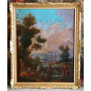 18th Century French School, Hunting Scene - Le Bât l'Eau, Oil On Canvas 80x50cm