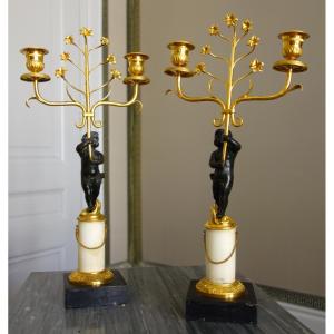 Pair Of Gilt Bronze And Marble Candelabra From The Restoration Empire Period: Height 35.5cm