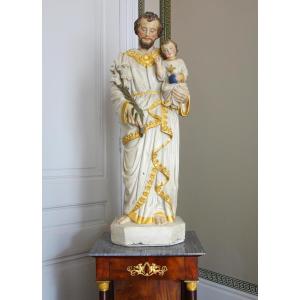 Large Devotional Or Chapel Statue: Saint Joseph & Baby Jesus - Gilded Polychrome Plaster
