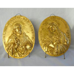 Pair Of Louis XIV Jesus And Saint Virgin Devotion Plaques In Chased Bronze & Gilded With Mercury