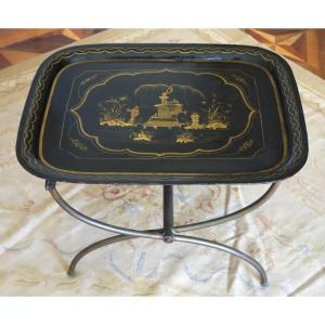 Large Napoleon III Tray In Lacquered Sheet Metal With Chinoiseries, Mounted As A Coffee Table.