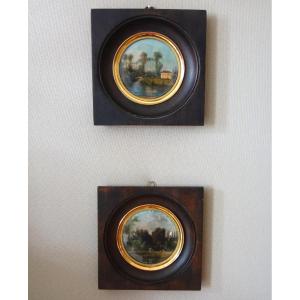 Pair Of Miniatures - Chateau And Its Park - Early 19th Century
