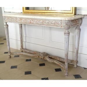 Louis XVI Period Vestibule Console Table, Patinated Wood And Marble
