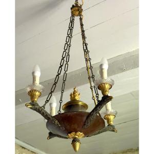 Empire Chandelier With Eagles In Patinated Bronze Gilded With Mercury, Early 19th Century - 4 Lights