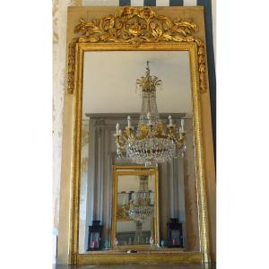 Trumeau, Louis XVI Period Gilded And Lacquered Wood Paneled Mirror, Mercury Mirror