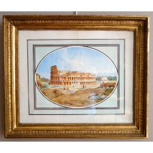 Victor-jean Nicolle - View Of The Colisée In Rome - Watercolor Drawing Late 18th Century