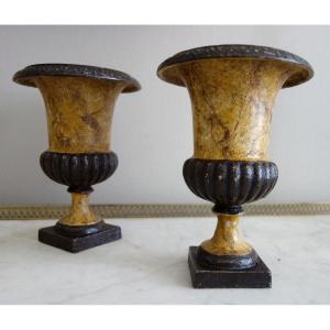 Pair Of Medicis Ornamental Cast Iron Vases Painted In Faux Marble, 19th Century - 19.5cm