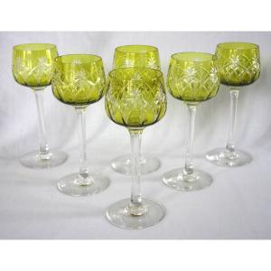 Baccarat: Suite Of 6 Roemers Rhine Wine Glasses In Moss Green / Chartreuse Overlay Crystal