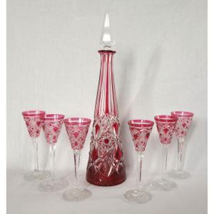 Baccarat: Liqueur Service In Pink Overlay Crystal, Lagny Model