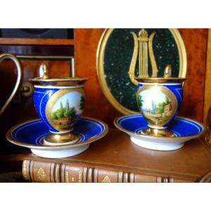 Pair Of Restoration-period Empire Blue-background Landscape Cups - Paris Porcelain