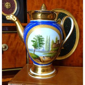 Empire Teapot / Pot With Blue And Gold Decoration In Paris Porcelain, Restoration Period