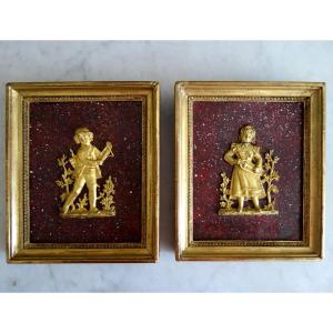 Pair Of Miniature Medallions In Gilded Bronze With Mercury On A Faux Porphyry Background - Early 19th Century