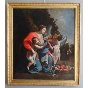 Large 18th Century Altarpiece - The Virgin And Child Served By An Angel After S Vouet : 110x125cm