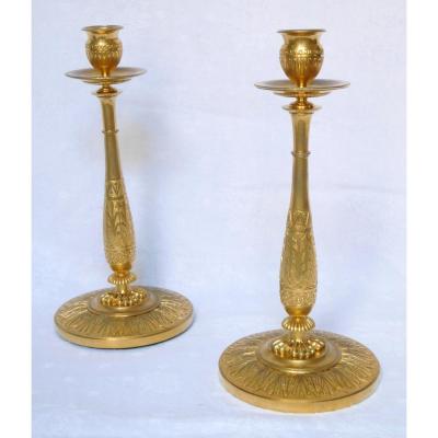 Claude Galle : Paire De Bougeoirs Empire En Bronze Doré Au Mercure