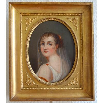 Portrait d'époque Empire De Jeune Fille Vétue à l'Antique - Huile Sur Toile 38x32cm