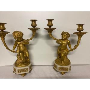 Pair Of Large Candlesticks Putti In Gilt Bronze Niii / H: 37 Cm 