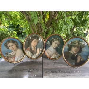 Beautiful Set Of 4 Large 19th Century Pastels