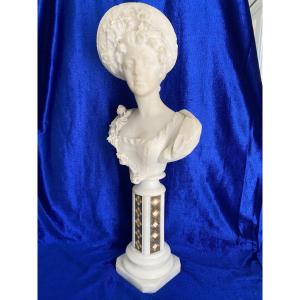 Elegant Female Bust In Alabaster, H: 52 Cm 