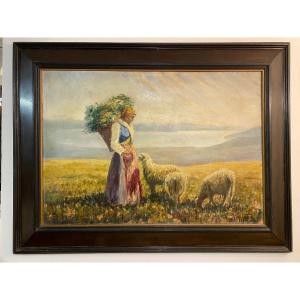 Large Painting Signed Shepherdess And Sheep