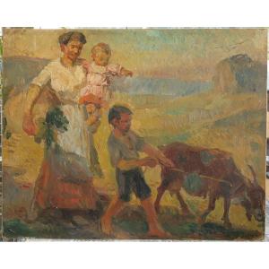 Family Walking A Goat - Vincent Simon Early 20th Century
